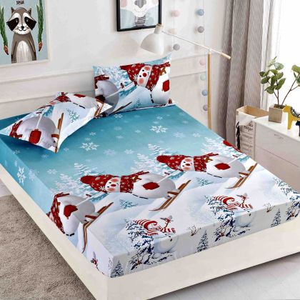 Коледен модел чаршаф с ластик + 2 бр. калъфки ,100% памук от 3 части 
